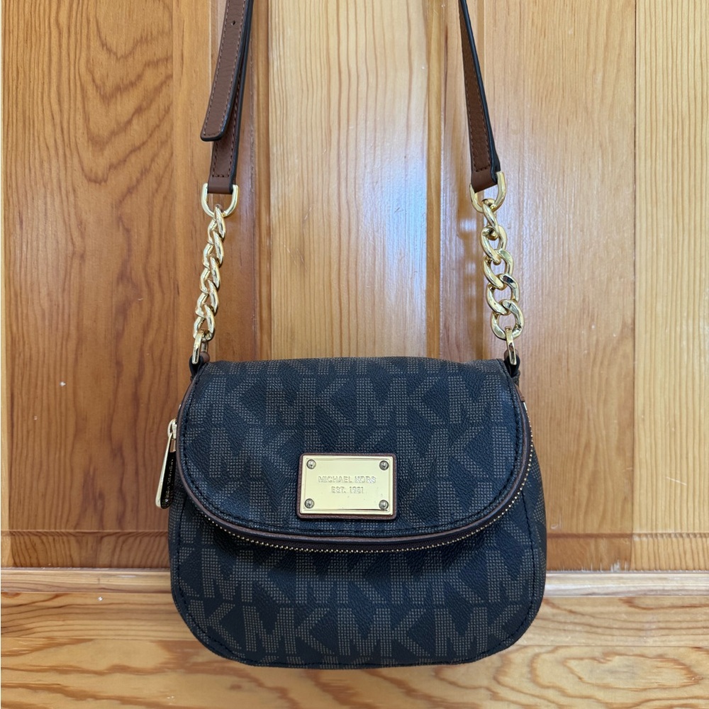 Michael Kors Brown  and Gold Crossbody Bag with Flap Closure